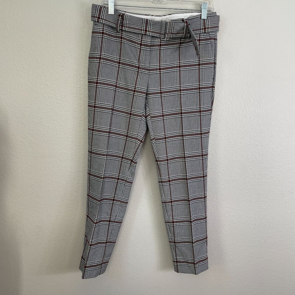 Ann Taylor Womens Petite 4 Plaid‎ Slim Fit Ankle Pants Gray Red Belted